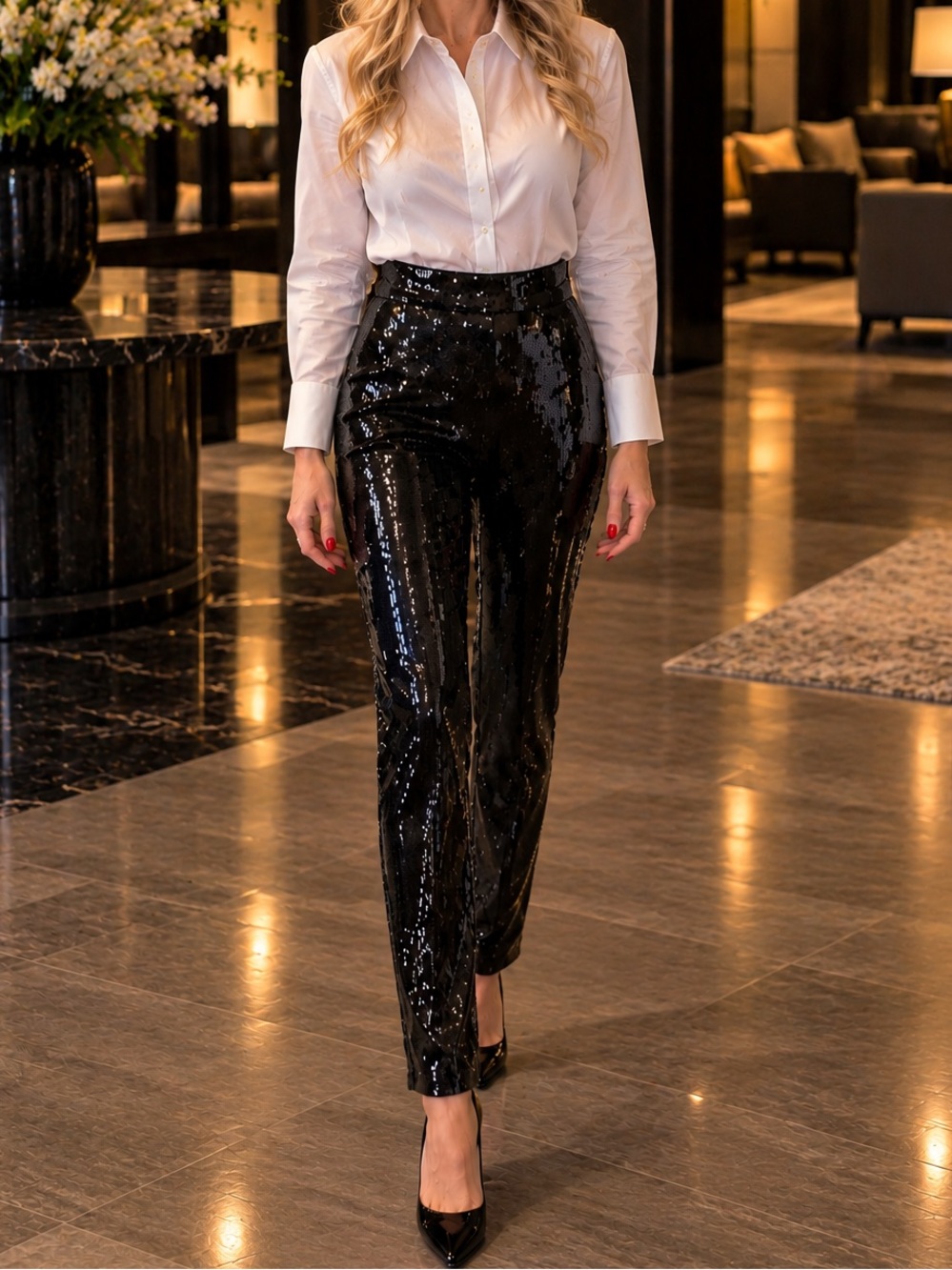 INC Sequin High-Waist Slim Pants - Black